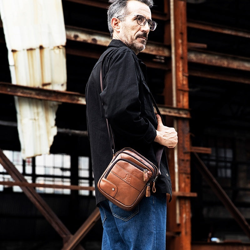 Mens Casual First Layer Cowhide Small Crossbody Bag Genuine Leather Wear Resistant Urban Style