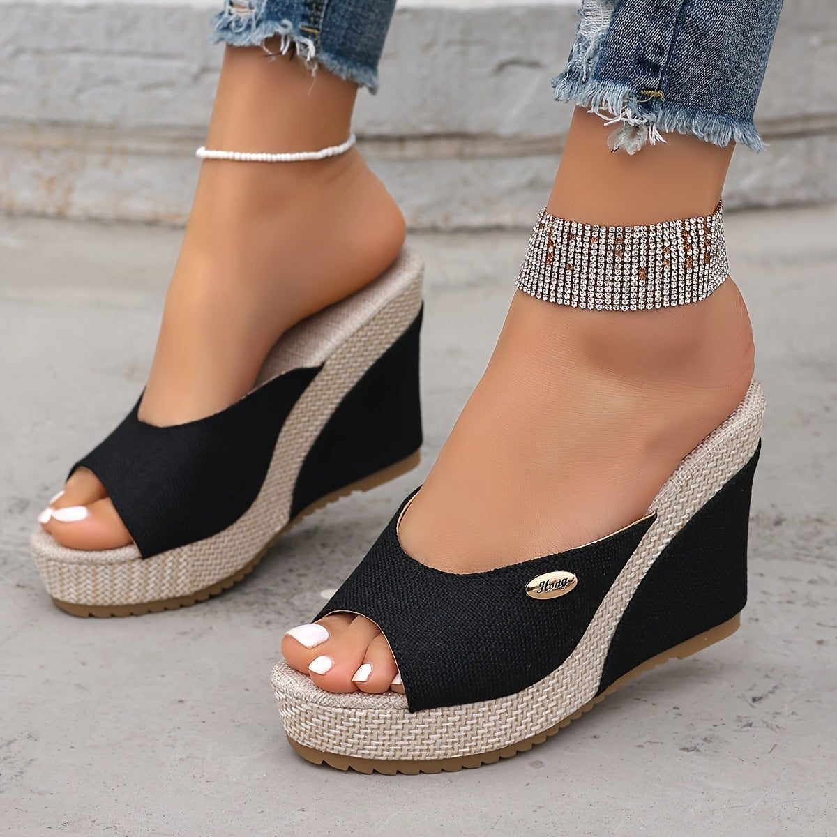 Women's Black Wedge Heels With Buckle Details - Stylish And Generous