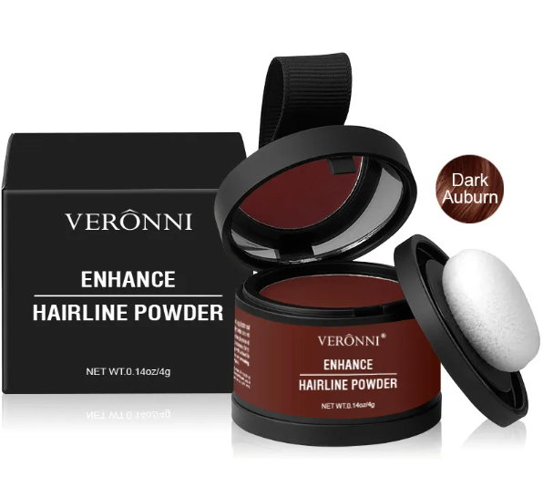 Hairline powder concealer in Dark Auburn shade with black compact and applicator puff