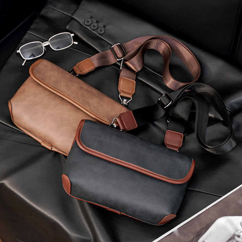 Korean Casual Fashion Chest Crossbody Bag Waterproof PU Leather For Men Available In Black Coffee Khaki Gray Plaid