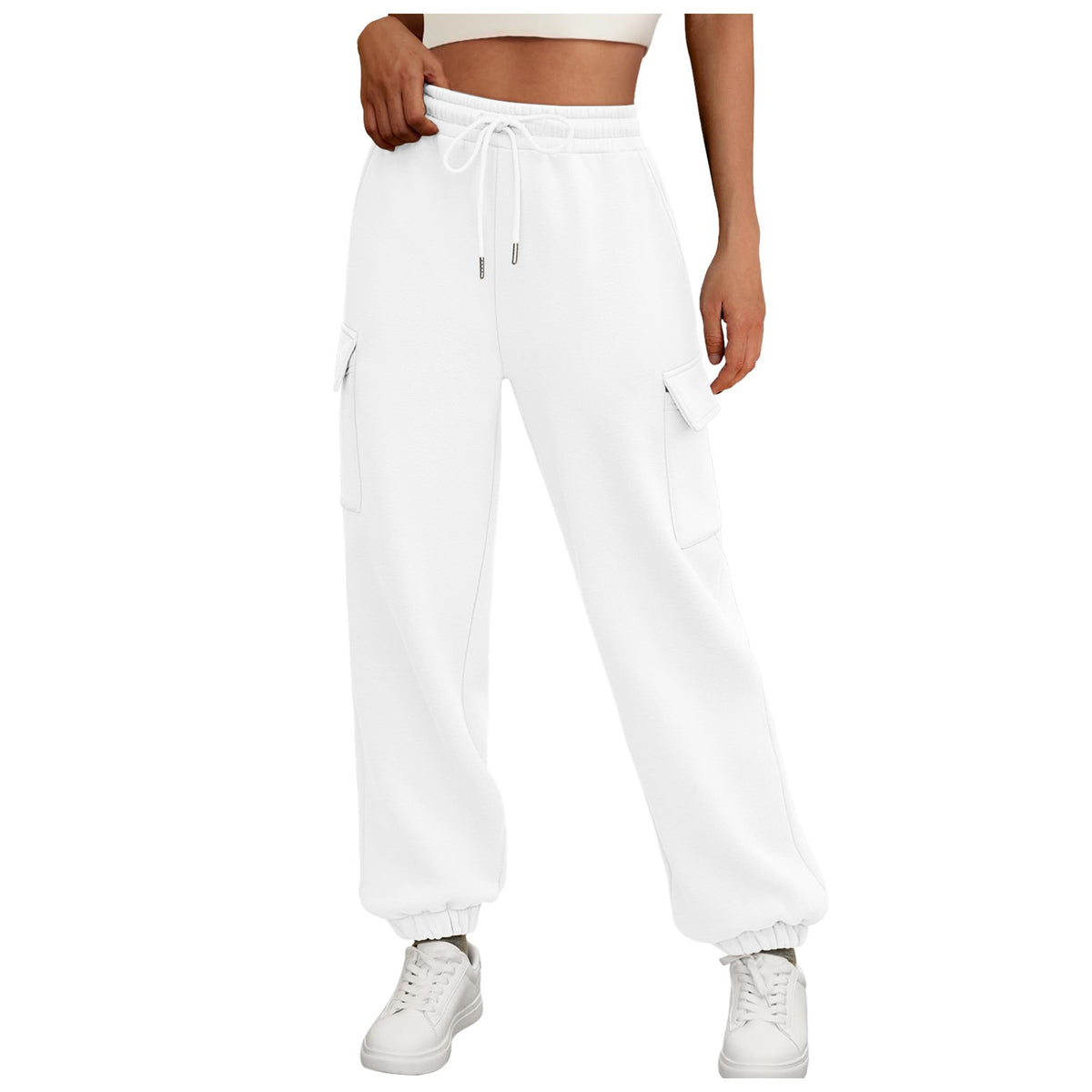 Women’s baggy cargo jogger sweatpants with drawstring waist, side pockets, white