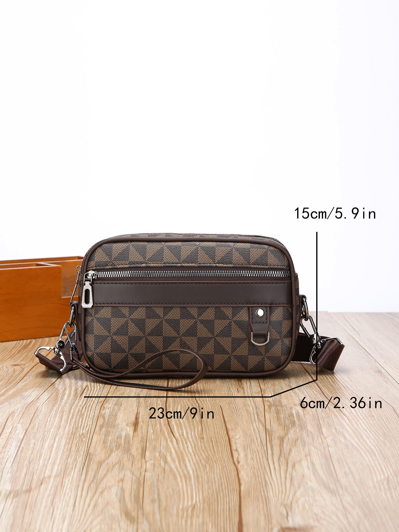 Casual Mens Horizontal Messenger Bag Large Capacity PU Leather Shoulder Bag Wear Resistant Geometric Pattern