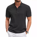Men's short-sleeve polo shirt, black vertical stripe texture, stand collar with button placket