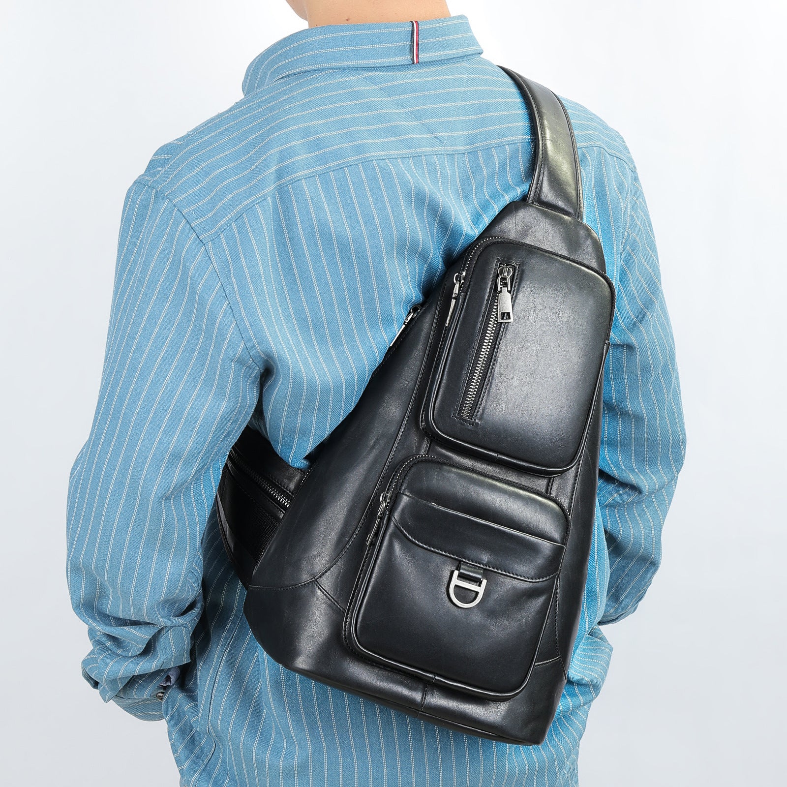 First Layer Cowhide Chest Bag Large Capacity Shoulder Messenger Bag Genuine Leather Wear Resistant Black