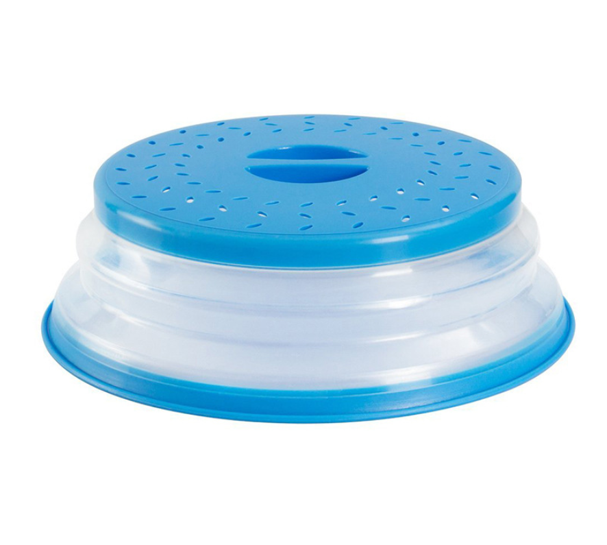 Collapsible microwave splash cover with vented blue lid and clear base