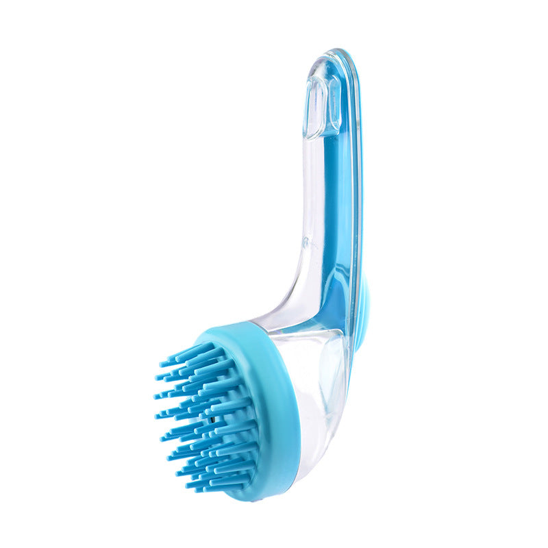 Long-handle pet bath brush with blue bristle head and clear curved handle