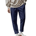 Men's drawstring trousers in navy blue, cuffed tapered hem, drawstring waist