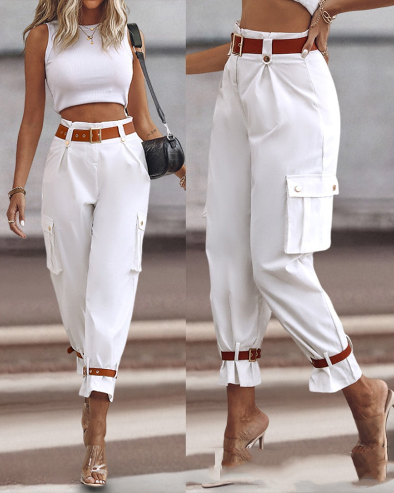 White wide-leg work trousers with brown contrast belt and front cargo pocket