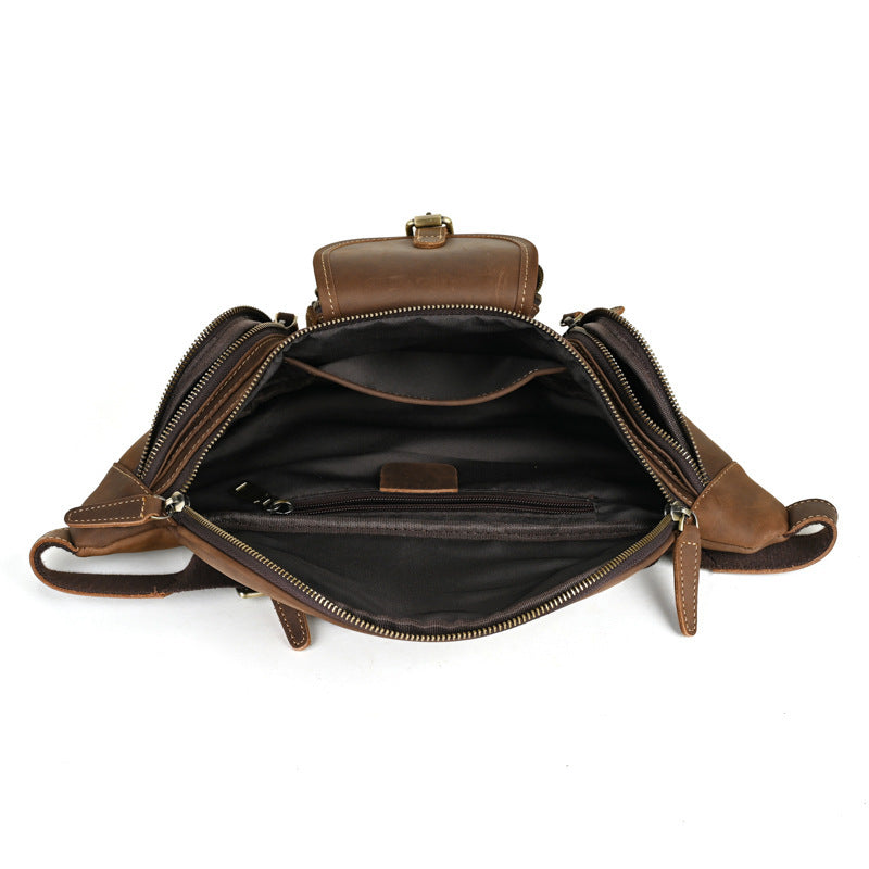 Brown Genuine Leather Chest Bag For Men Retro Multifunctional Motorcycle Satchel With Sewn Detailing