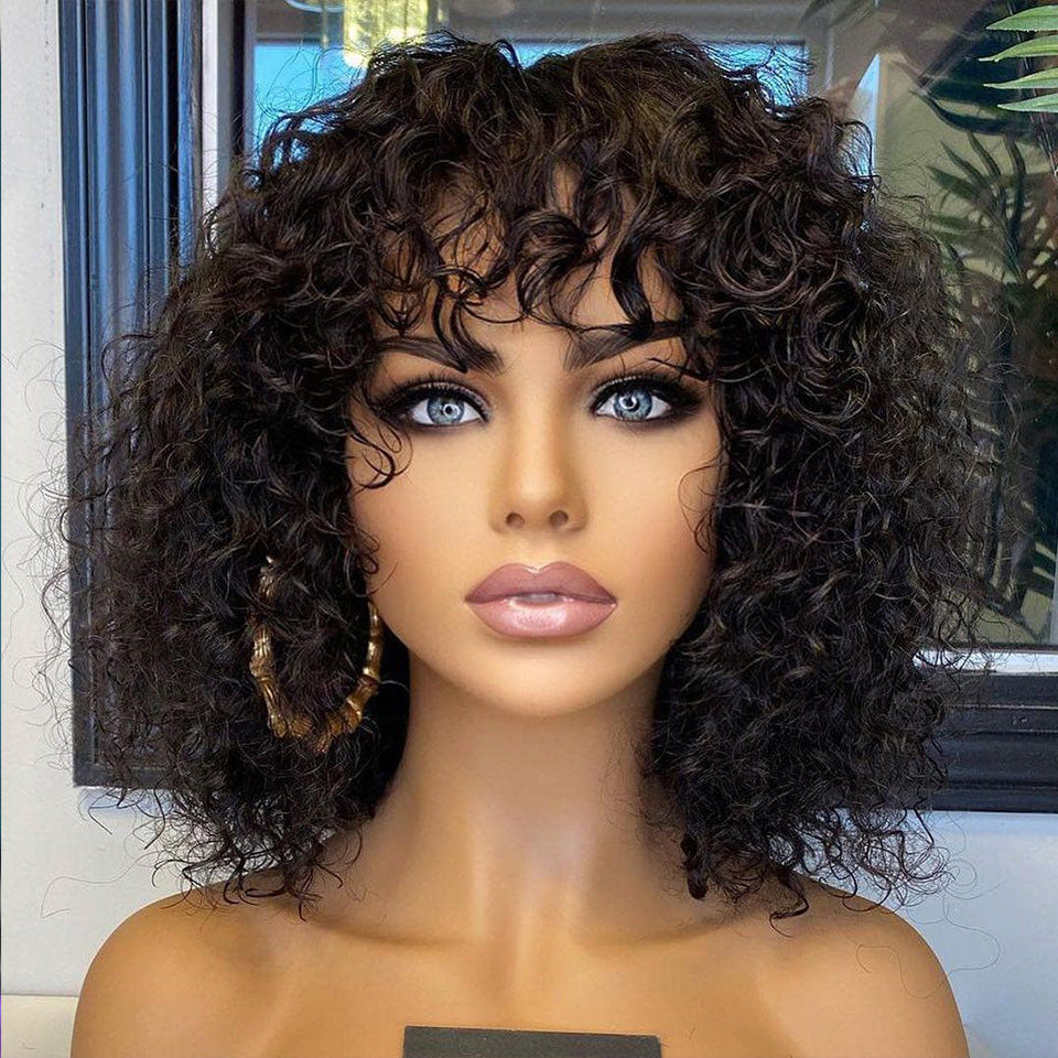 Deep Curly Human Hair Wig with Bangs - Fringe Style