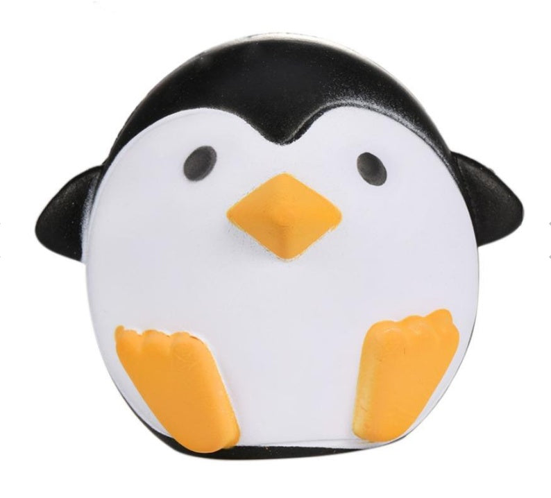 Slow-rising squishy toy penguin with white belly, black wings, and orange feet