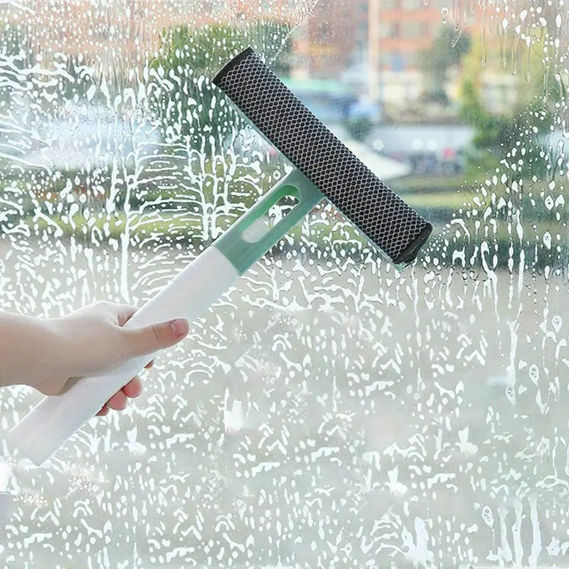 Glass cleaner spray bottle with double-sided wiper, green handle for windows