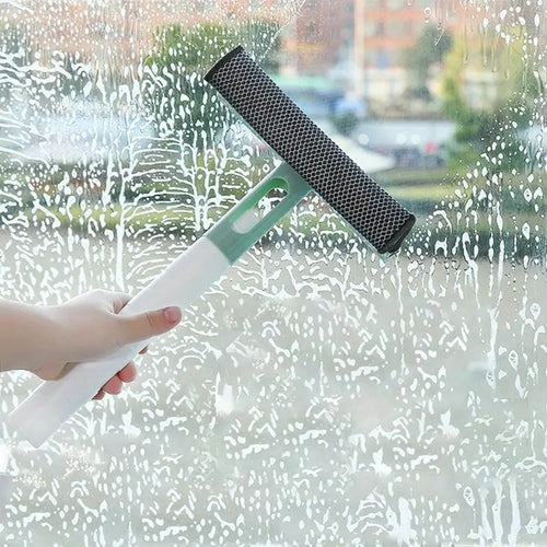 Glass cleaner spray bottle with double-sided wiper, green handle for windows