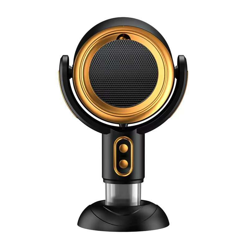 Portable desktop range hood smoke remover, black with gold circular ring and front grille