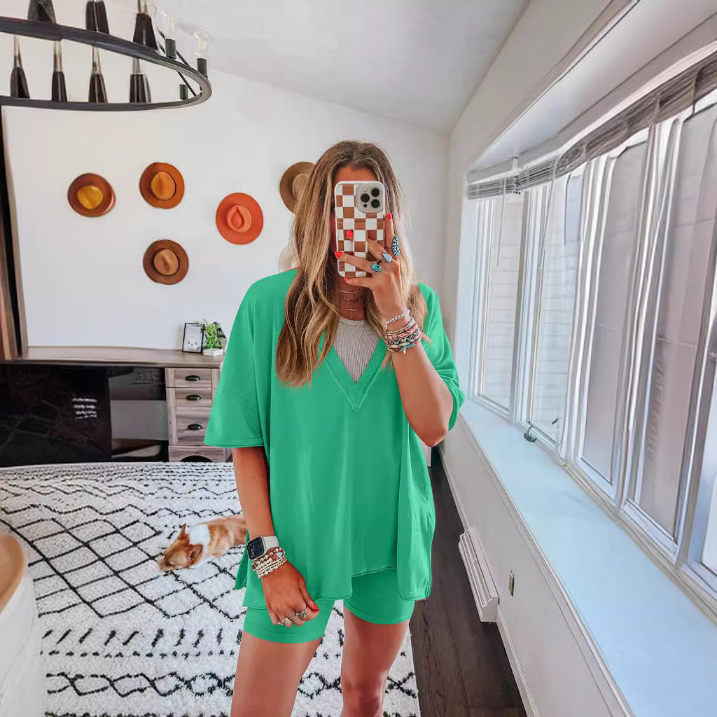 Women’s cotton short-sleeve top and shorts set, green v-neck with matching shorts