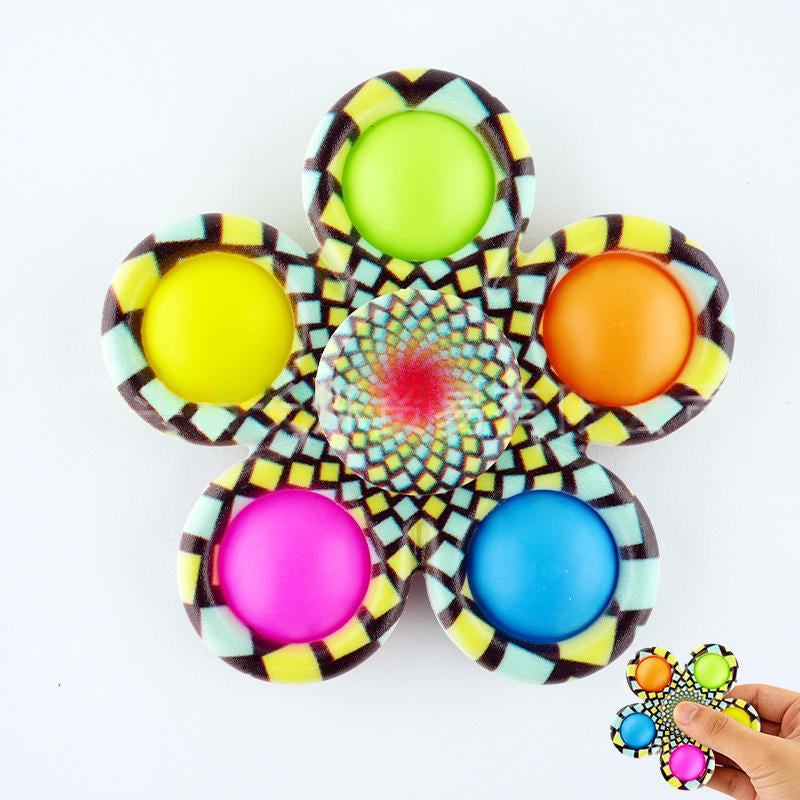 Geometric mosaic fidget spinner stress-relief toy with neon yellow, pink, and orange caps