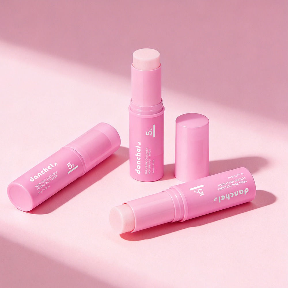 Pink collagen balm stick, cylindrical tube with twist-up cap