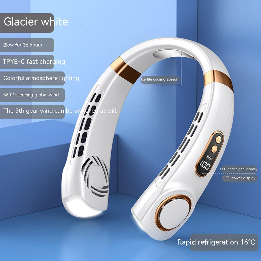 White hanging neck fan with gold-tone top band and vented cooling airflow openings