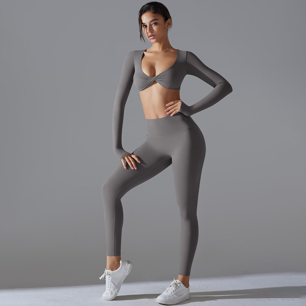 Yoga Clothes Sports Push Up Long Sleeve Top And Antibacterial Trousers Set For Workout Available In Multiple Colors