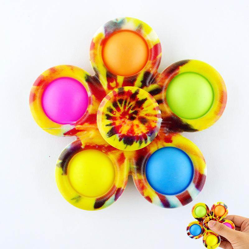 Swirled tie-dye fidget spinner with six bright button tips in yellow, green, orange, blue, pink.