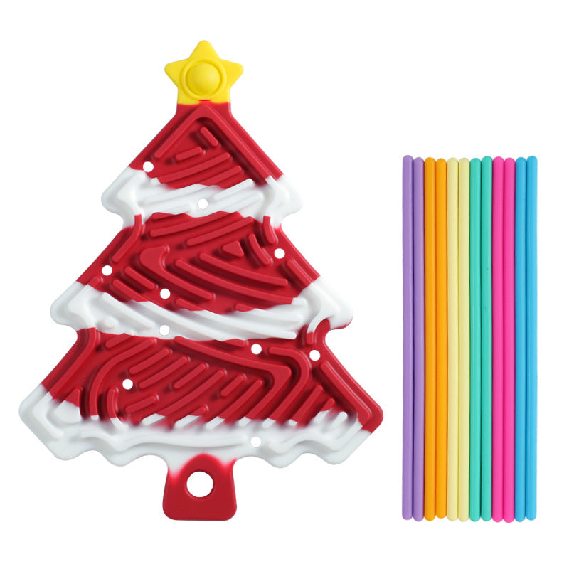 Red-and-white Christmas tree sensory board with yellow star top plus rainbow plastic straws