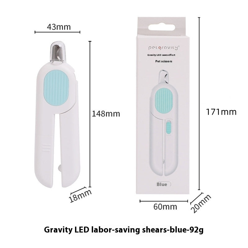 Blue LED nail scissors clipper in retail box with size measurements shown