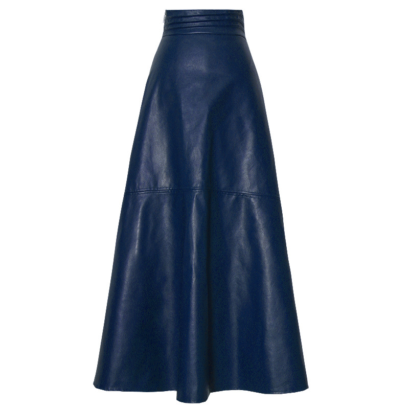 High-waist leather skirt, blue flared A-line cut with center seams
