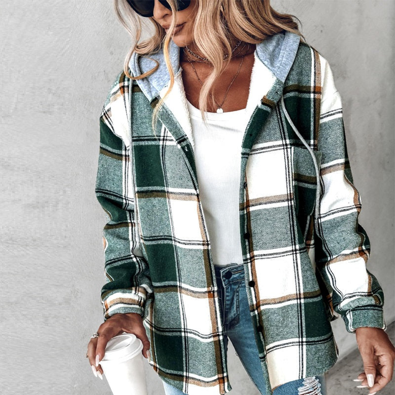 Women’s plaid hooded jacket, dark green and white plaid with button front and pockets