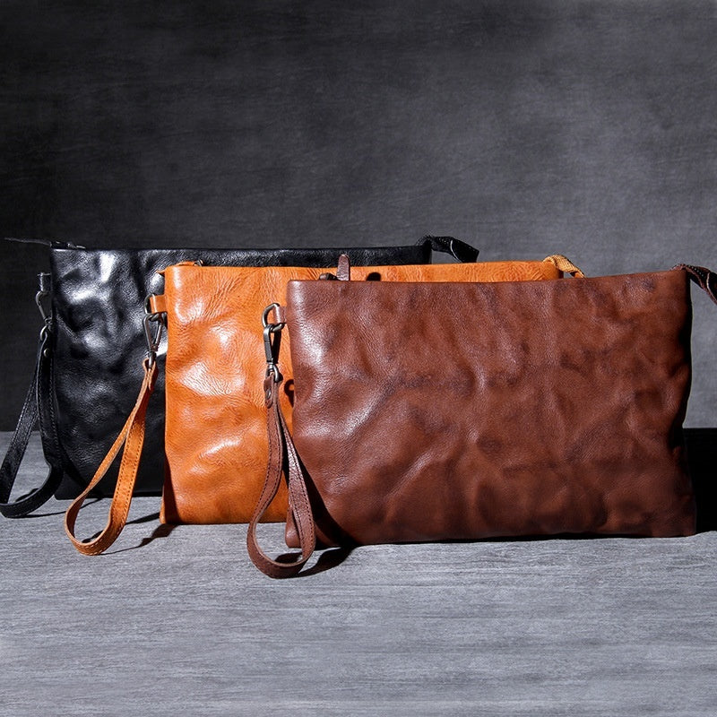Mens Genuine Leather Envelope Bag First Layer Cowhide Large Capacity Handheld Retro Style For Office