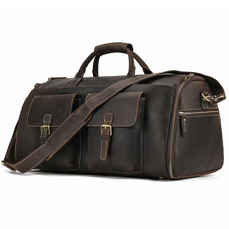 20 Inch Large Capacity Travel Bag For Men With First Layer Cowhide Leather Shoulder Messenger Style Solid Color