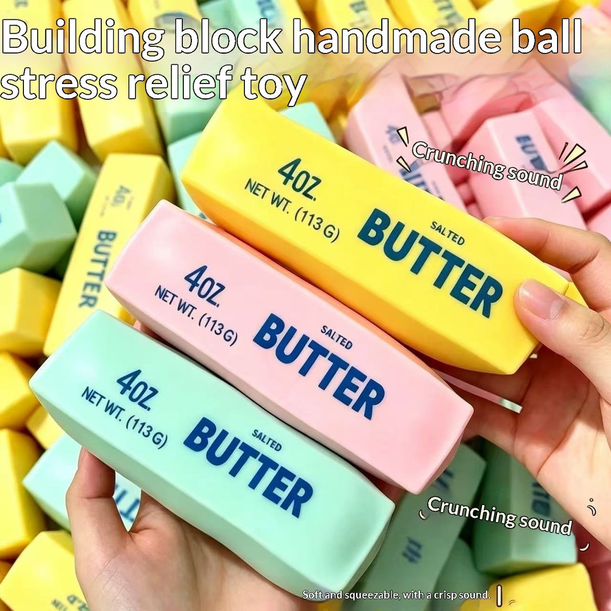 Pastel butter-shaped squishy stress-relief toy bars, held in hand
