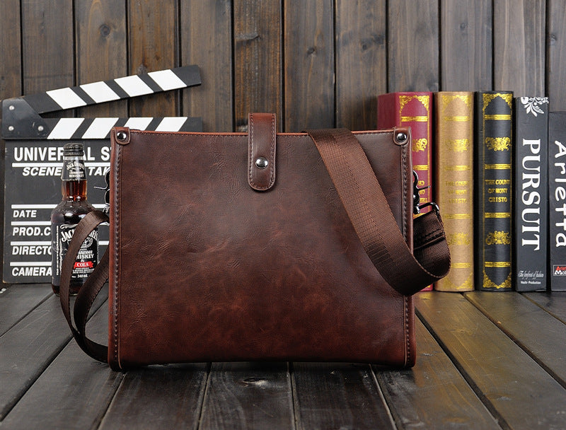 Mens Shoulder Messenger Bag Korean Style Casual Horizontal Retro PU Leather Brown 28 Inch Length