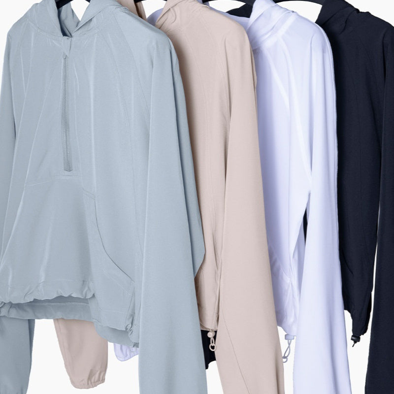 Women's Half Zip Drawstring Workout Set Polyester Spandex Activewear For Running Fitness And Gym