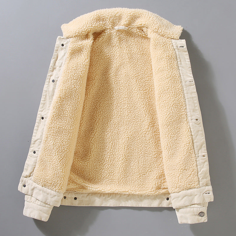 Men's Corduroy Workwear American Retro Lapels Jacket Heavy Imitation Lamb Wool Thickened Cotton-padded Coat