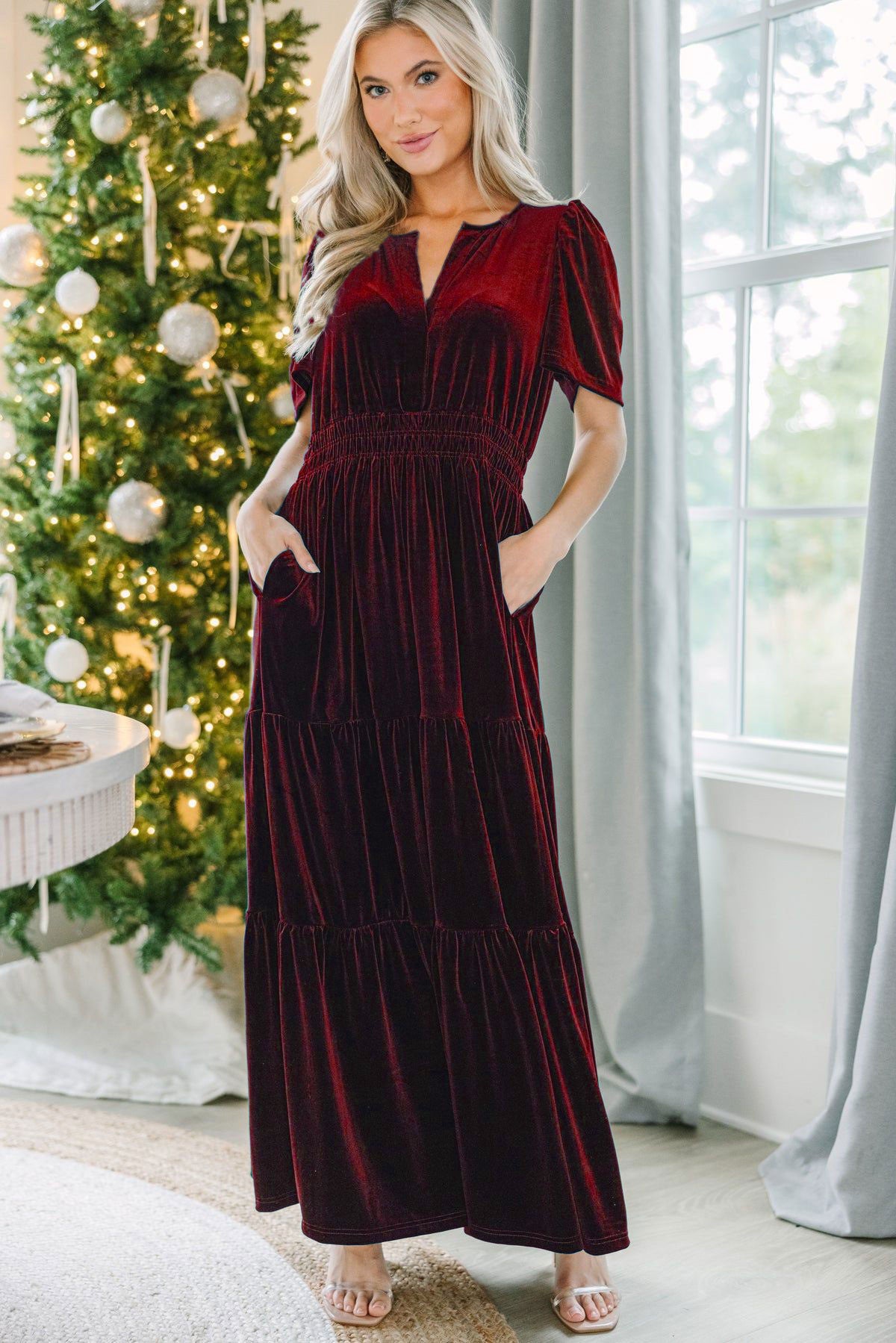 Wine red velvet tiered maxi dress with puff sleeves and V-neck