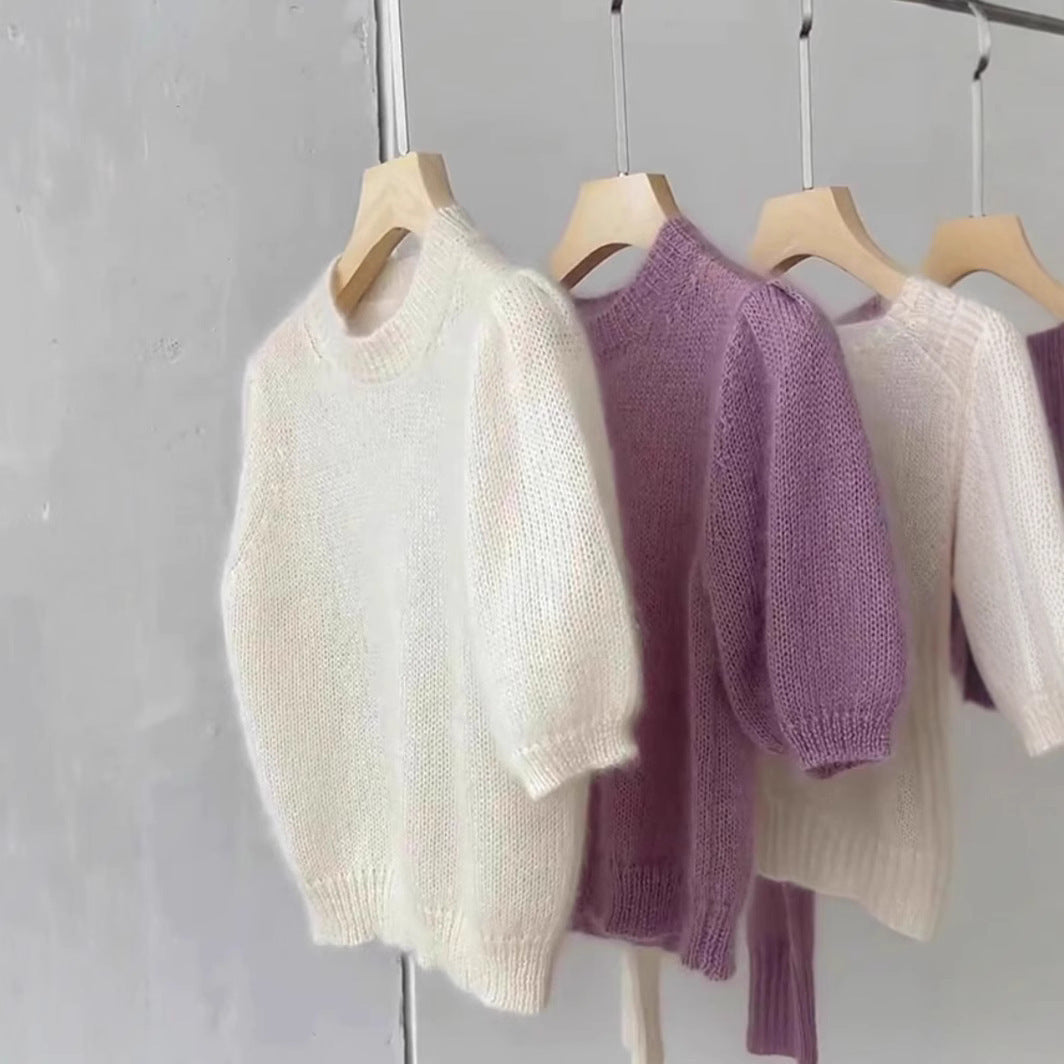 Round Neck Short Sleeve Worsted Woolen Knit Top