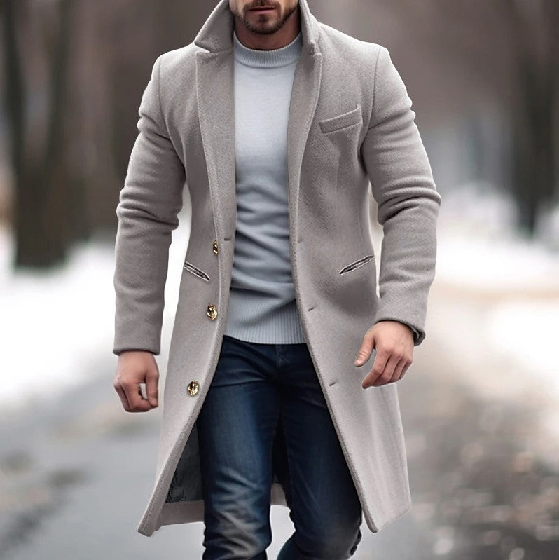 Winter Lapel Trench Coat Fashion Pocket Single Breasted Jacket Outerwear Casual Solid Color Men's Clothing