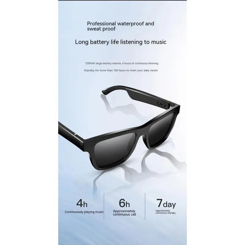 Black smart audio glasses with dark lenses and side temple controls