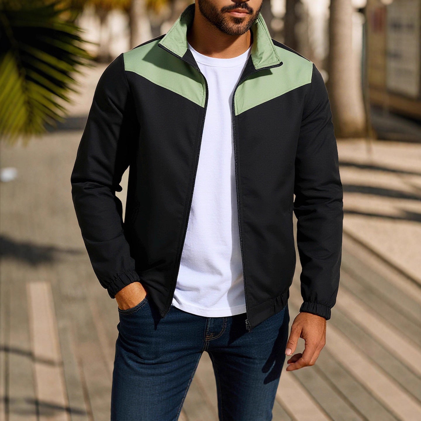 Men's Windproof Jacket High Collar Color Matching Zipper Jacket