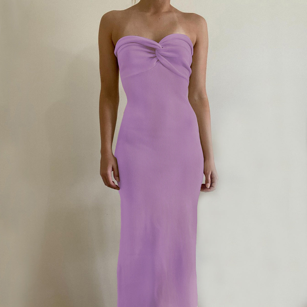 Off-shoulder knit wrap dress in lavender purple with knotted neckline, long silhouette