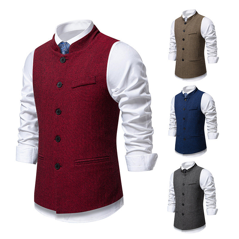 New Men's Retro Stand Collar Herringbone Senior Solid Color Suit Vest