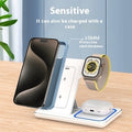 White 3-in-1 foldable wireless charging station with phone stand, watch cradle, and earbud pad