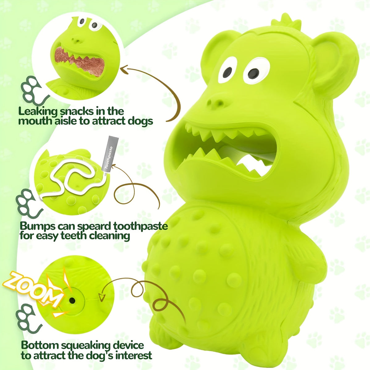 Green rubber animal dog chew toy with open mouth and raised nubs on body