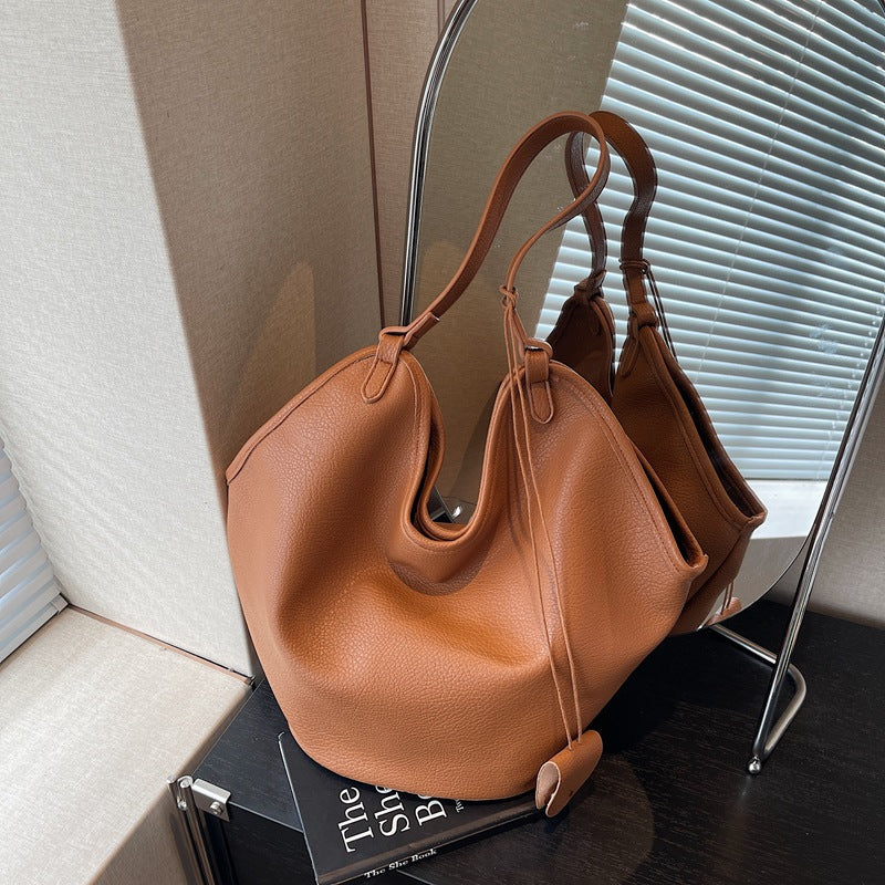 Women’s PU bucket tote bag with lychee-grain texture, tan/brown, dual top handles
