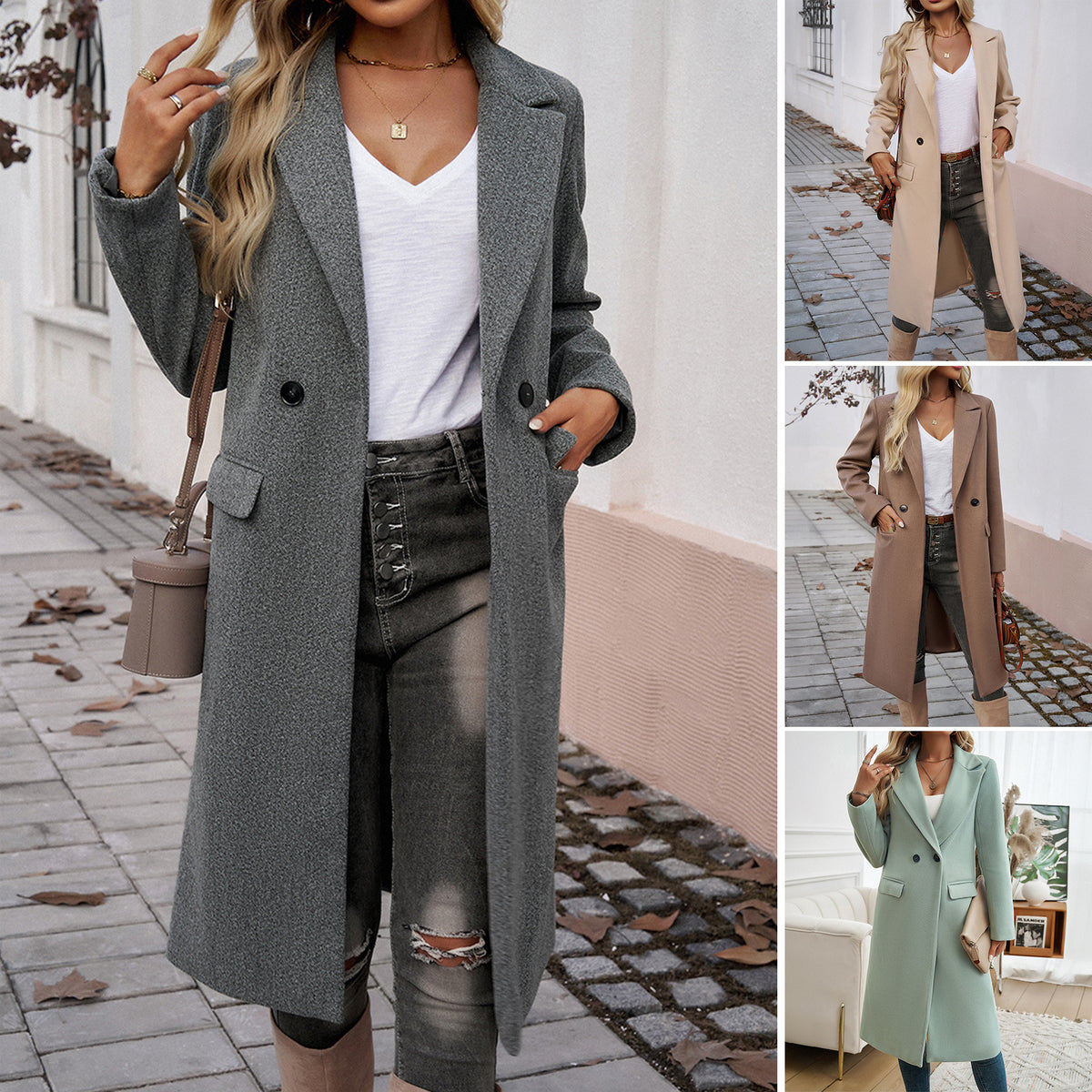 Dark gray women's long coat with turn-down collar, front buttons, and flap pockets