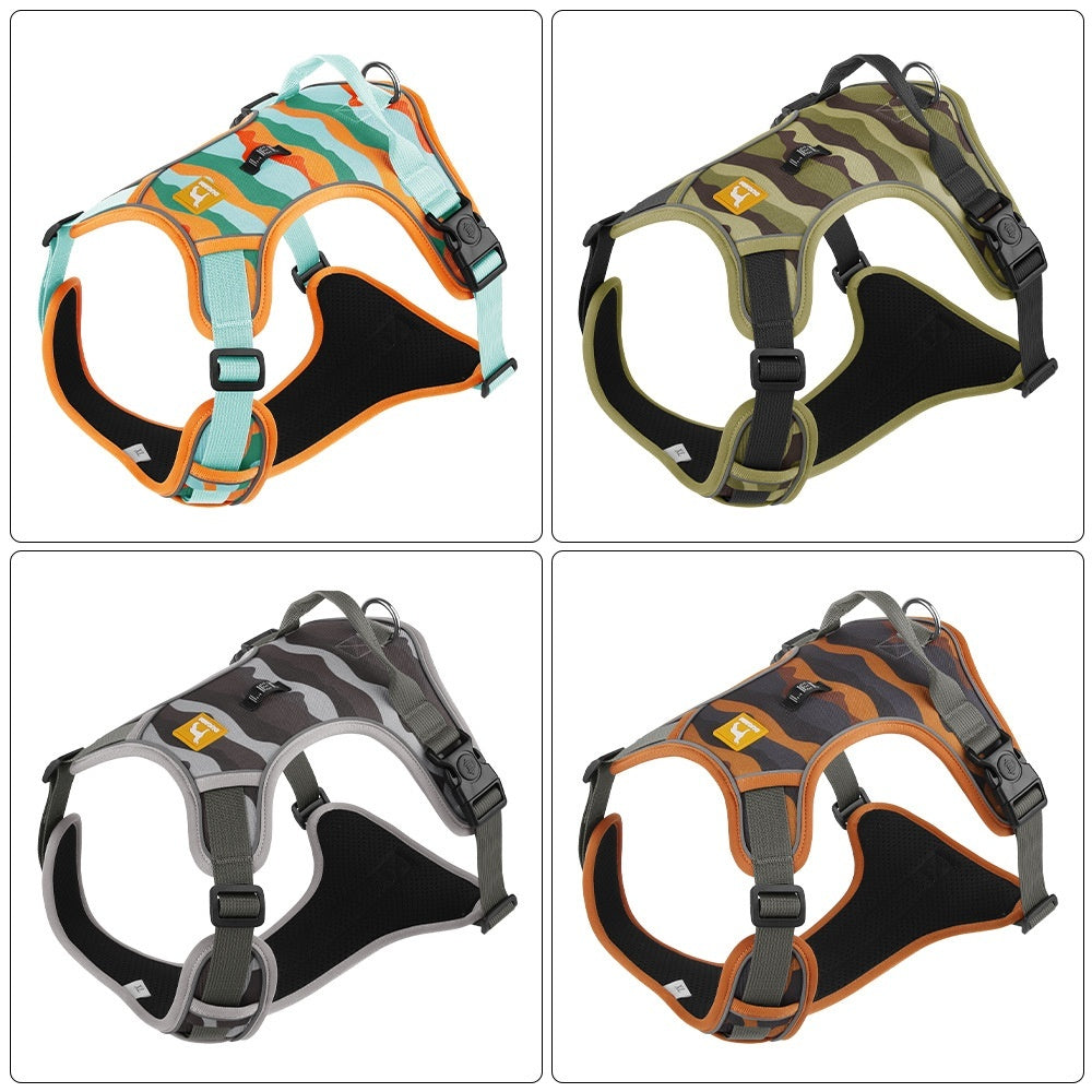 Reflective dog harness color set: orange, army green, gray, and chocolate camo variants
