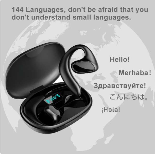 Black wireless translation earbuds with open charging case, LED display