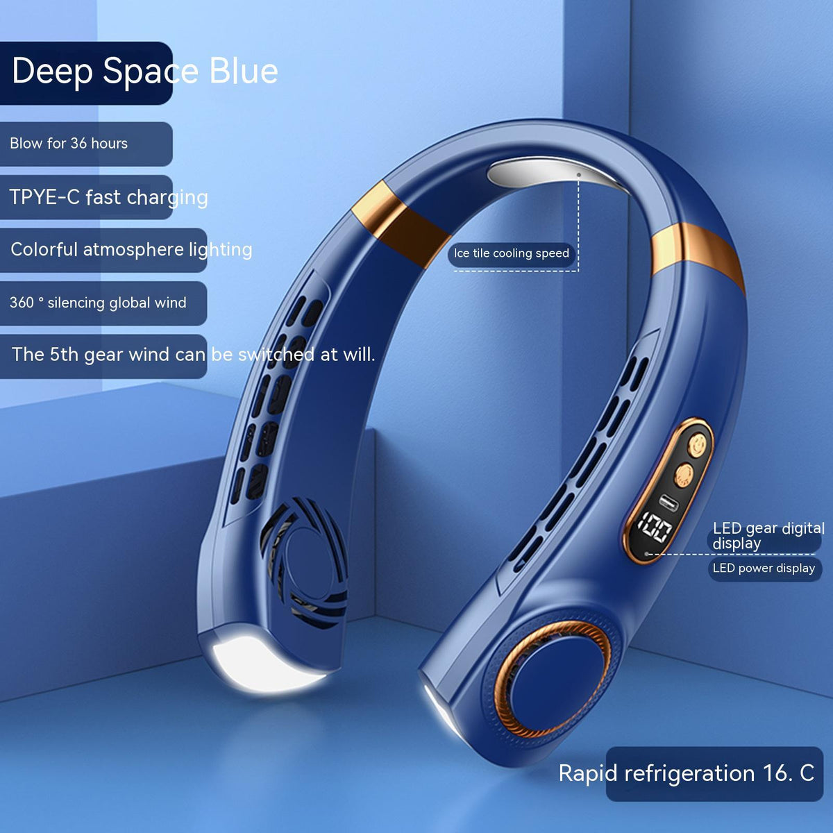 Deep blue hanging neck fan with gold-tone top band and vented cooling airflow openings