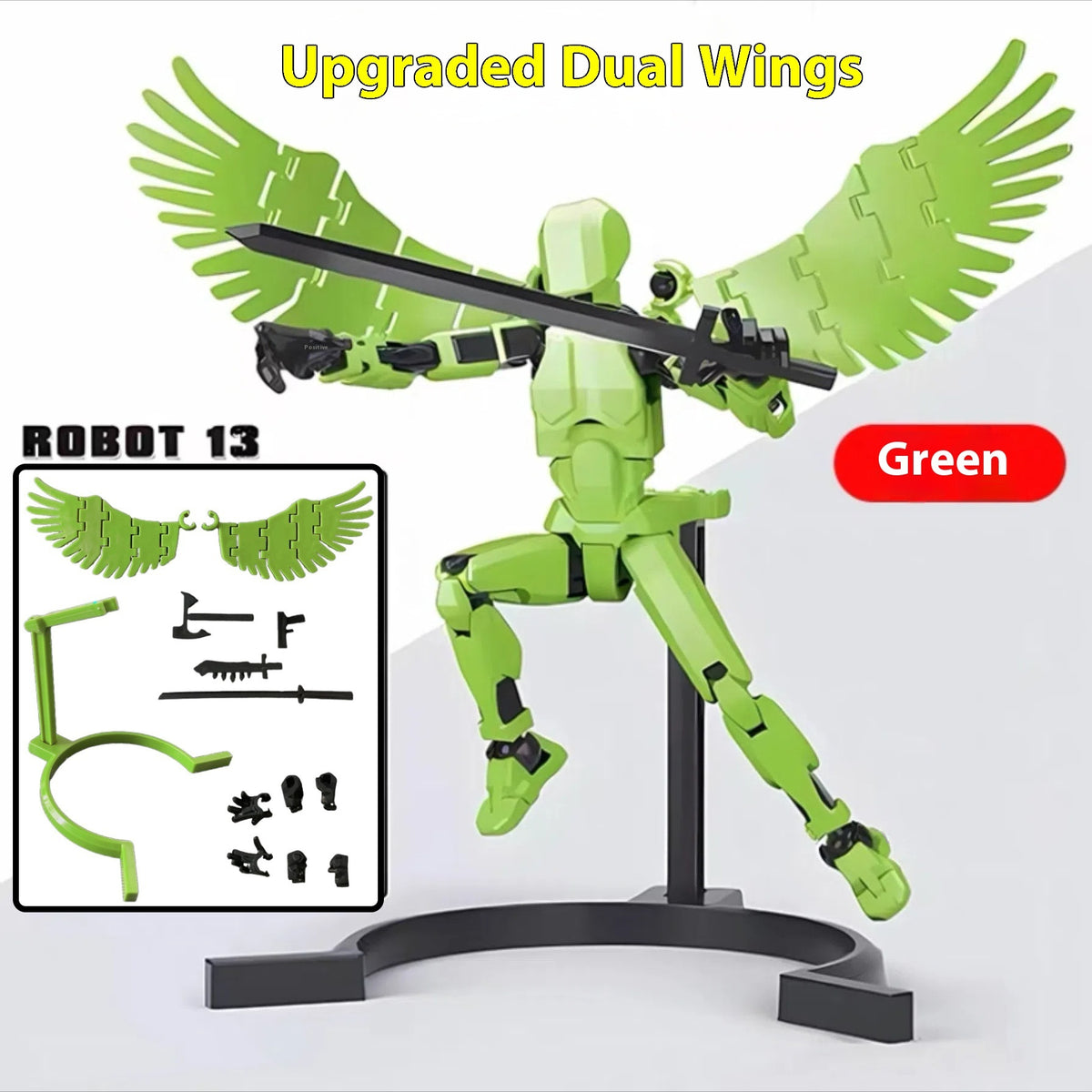 Green 3D printed robot action figure with upgraded dual wings and rifle on stand