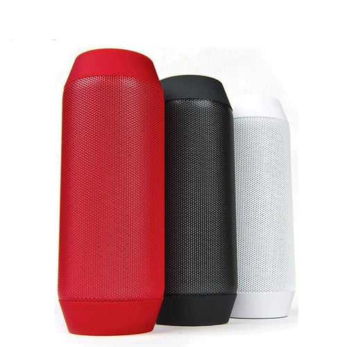 RGB Bluetooth speaker pack with red, black, and white cylindrical speakers